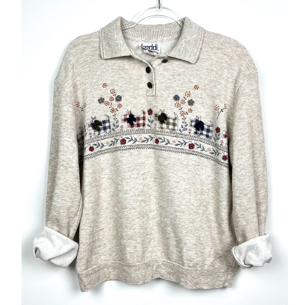 Vintage Teddi Scottie Dog Women's Cream Sweater With Floral Design